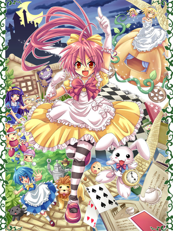 &gt;_&lt; alice_in_wonderland blue_eyes blue_hair book bunny card cards carriage castle cheshire_cat cinderella clock colonel_aki cowardly_lion crescent crossover cup dog dorothy_gale dress dwarf dwarf_(grimm) egg everyone fairy falling_card fang gloves grimm's_fairy_tales humpty_dumpty legs lion long_hair lying_card mad_hatter orange_eyes original pink_hair playing_card pocket_watch pointing ponytail purple_eyes purple_hair rabbit red_eyes scarecrow scarecrow_(twooz) short_hair sleeping_beauty snow_white_(grimm) snow_white_and_the_seven_dwarfs striped striped_legwear striped_thighhighs teacup teapot the_wizard_of_oz thigh-highs thighhighs tiara tin_man toto_(twooz) violet_eyes watch white_rabbit wink