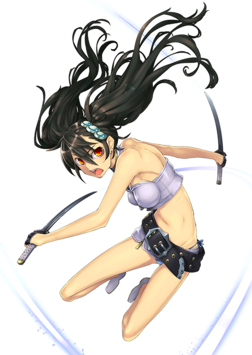 bandeau belt beltskirt brown_hair dual_wield dual_wielding gloves katana legs midriff muscle orange_eyes original shorts skinny sword tubetop twintails weapon