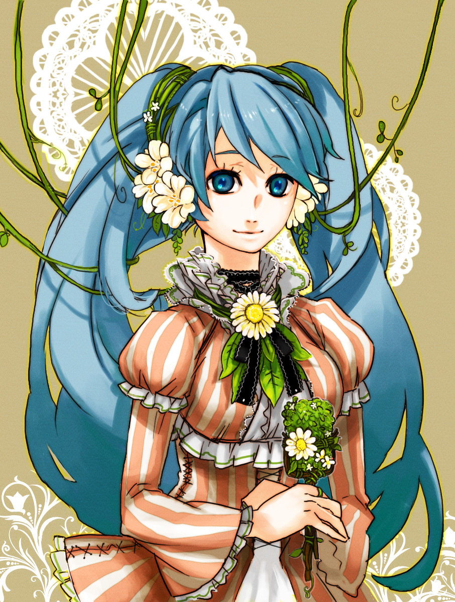 aqua_eyes aqua_hair dress flower hatsune_miku highres long_hair monta smile solo twintails vocaloid