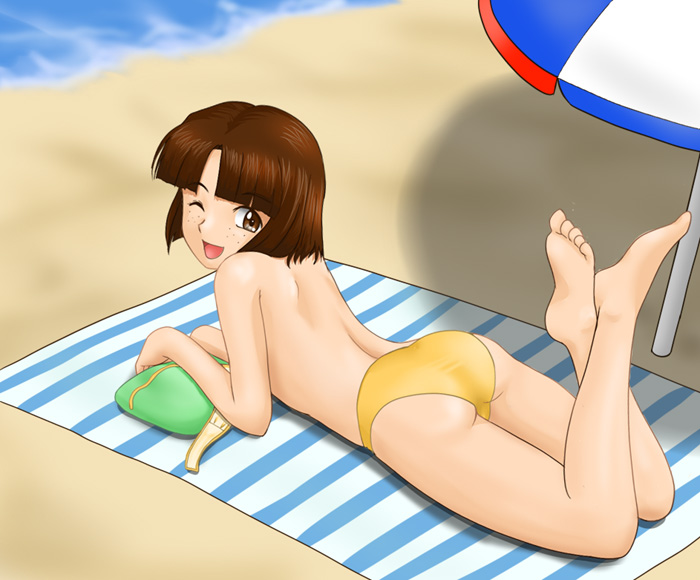 barefoot beach bikini brown_eyes brown_hair feet felniam freckles looking_back lying on_stomach pillow sakura_taisen short_hair sunbathing swimsuit takamura_tsubaki topless wink