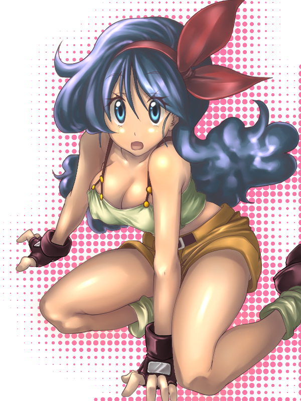 blue_eyes blue_hair bow breasts cleavage curly_hair dragon_ball erect_nipples fingerless_gloves gloves ise_(pixiv) ise_(studio_ibusos) lunch_(dragon_ball) shorts solo
