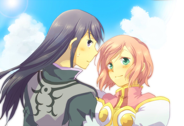 1girl black_eyes black_hair estellise_sidos_heurassein gloves grab green_eyes long_hair pink_hair short_hair smile takana tales_of_(series) tales_of_vesperia yuri_lowell