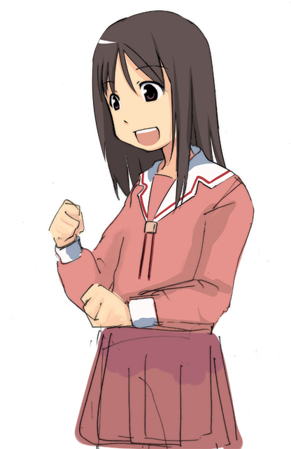 azumanga_daioh brown_eyes brown_hair kasuga_ayumu school_uniform simple_background smile solo