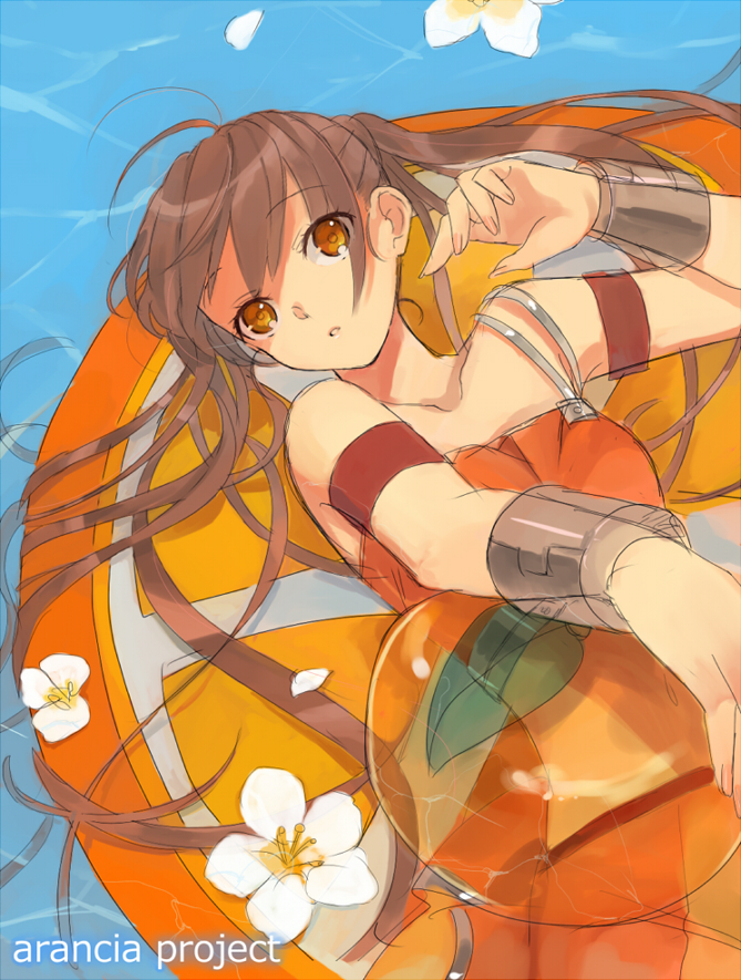 1girl arancia ball beachball blue_background brown_eyes brown_hair flower long_hair lying orange_(color) original twintails water