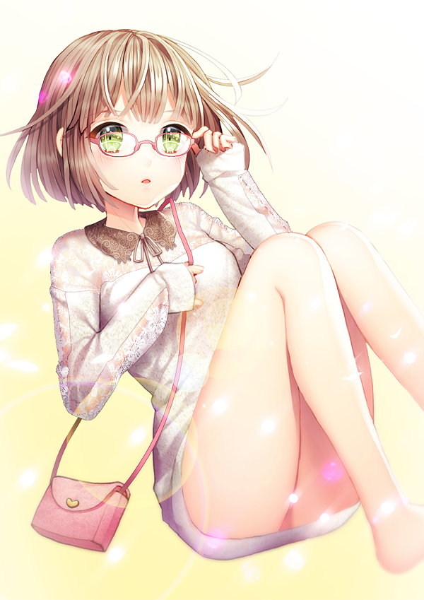 1girl :o adjusting_glasses bag bare_legs blush brown_hair glasses green_eyes knees_up lace legs long_sleeves looking_at_viewer original red-framed_glasses saban short_hair sleeves_past_wrists solo