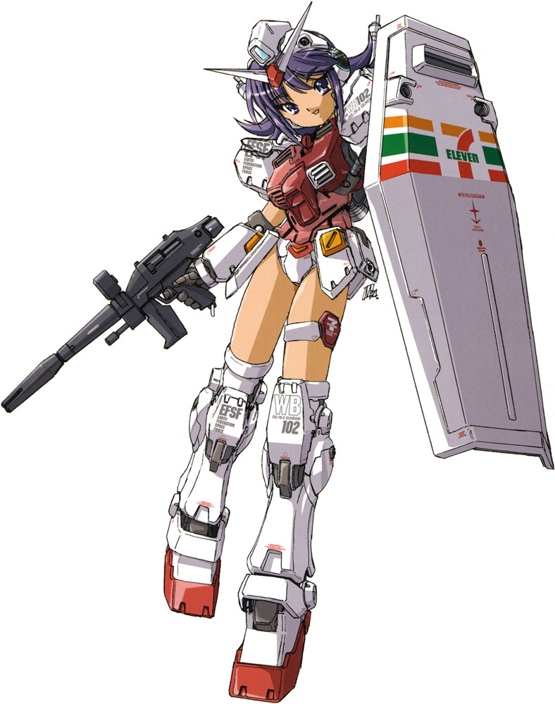 beam_rifle blue_eyes gundam mecha_musume mobile_suit mobile_suit_gundam purple_hair rifle rx-78-2 shield short_hair weapon