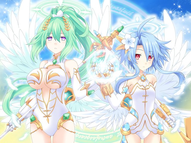 2girls ahoge blue_hair blush breasts four_goddesses_online:_cyber_dimension_neptune gloves green_hair green_heart impossible_clothes impossible_leotard large_breasts leotard long_hair looking_at_viewer multiple_girls navel neptune_(series) open_mouth ponytail power_symbol red_eyes short_hair_with_long_locks sidelocks small_breasts smile symbol-shaped_pupils violet_eyes white_heart