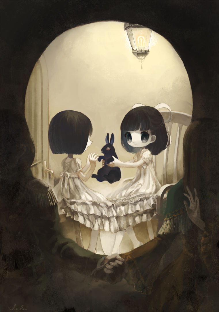 4girls bangs blunt_bangs bow brown_hair chair dress epaulettes fine_art_parody hair_bow holding_animal holding_hands idola l'amour_de_pierrot light multiple_girls optical_illusion original parody rabbit short_hair sitting skull thumbnail_surprise white_dress