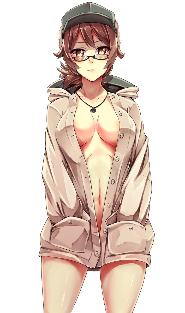 1girl breasts brown_eyes brown_hair glasses hands_in_pockets hat highres iron_cross jewelry naked_coat navel necklace original packge solo standing