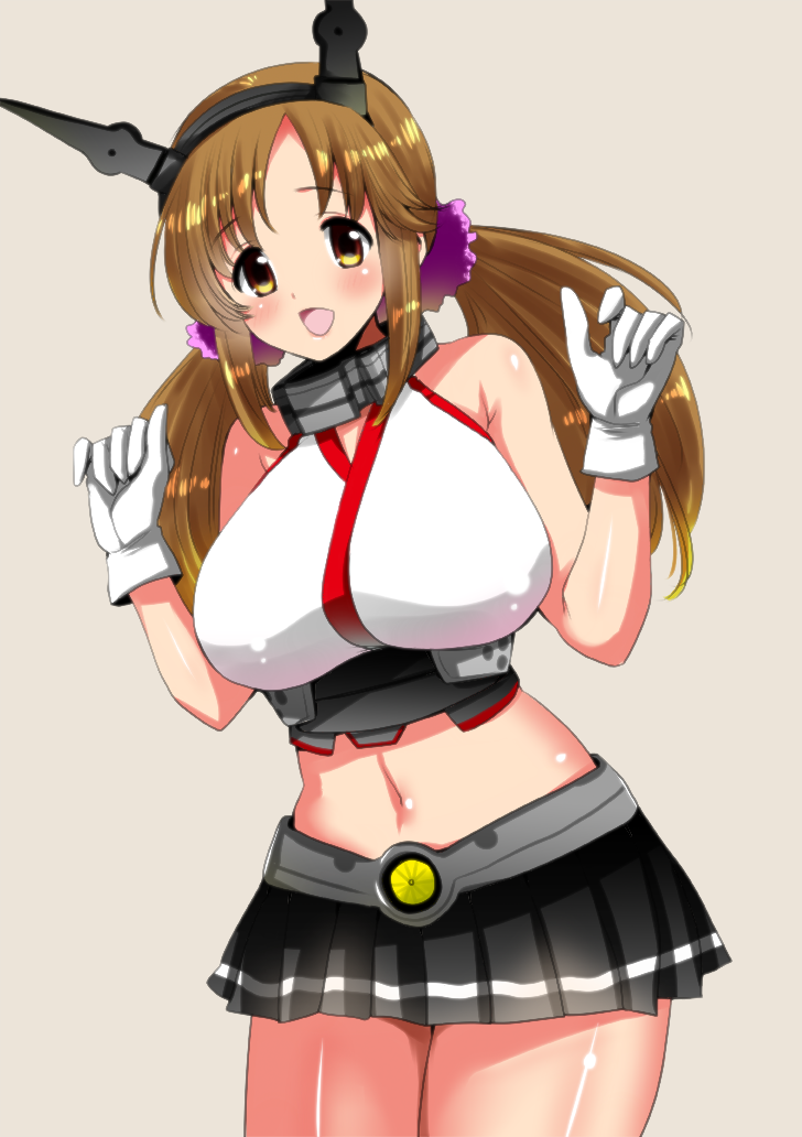 1girl bare_shoulders breasts brown_eyes brown_hair cosplay hairband kantai_collection large_breasts long_hair looking_at_viewer low_twintails miniskirt mutsu_(kantai_collection) mutsu_(kantai_collection)_(cosplay) navel open_mouth perepere-kun skirt smile solo totoki_airi twintails