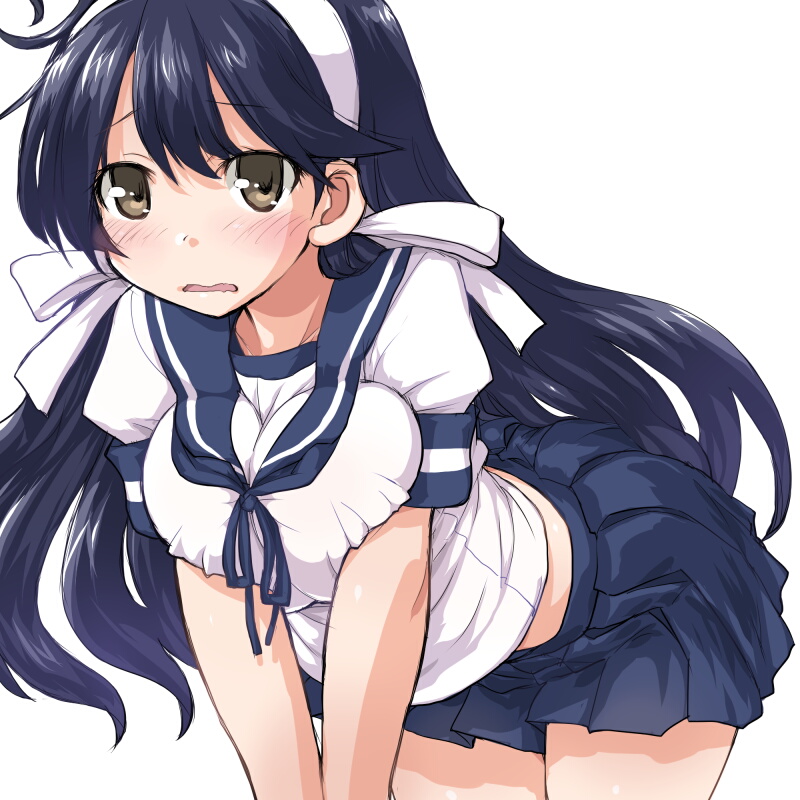 1girl ahoge bent_over black_hair blue_skirt blush breast_squeeze breasts brown_eyes dd_(ijigendd) hairband kantai_collection large_breasts long_hair open_mouth pleated_skirt remodel_(kantai_collection) school_uniform serafuku short_sleeves simple_background skirt solo ushio_(kantai_collection) white_background