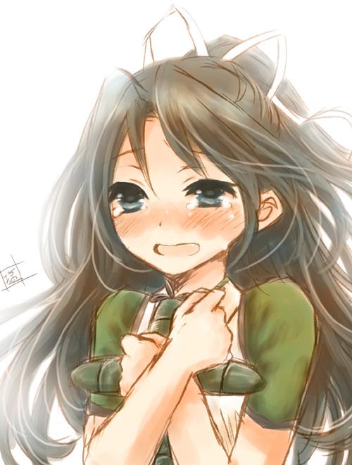 1girl black_hair blue_eyes crying crying_with_eyes_open japanese_clothes kantai_collection katsuragi_(kantai_collection) long_hair looking_away object_hug ponytail r_(shioaji) solo tears