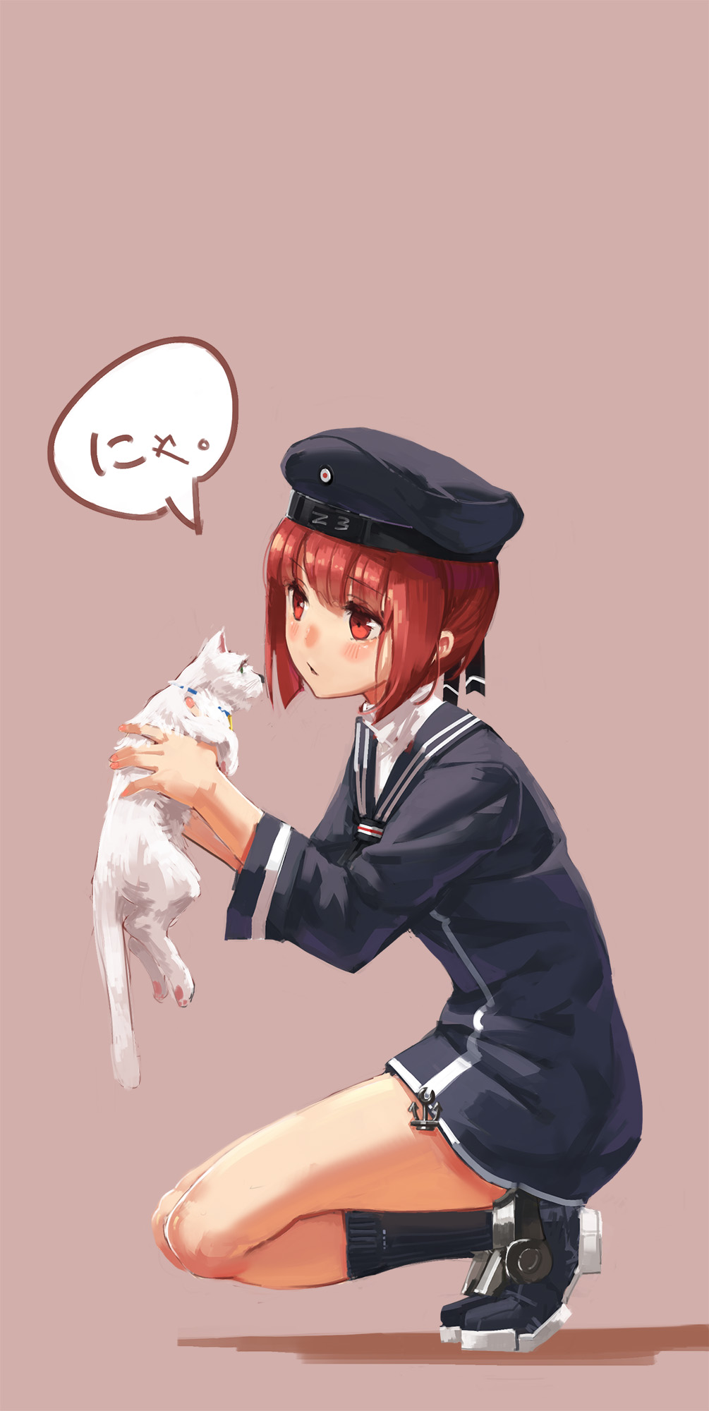 1girl \||/ auburn_hair beret bottomless cat clothes_writing full_body hat highres holding kantai_collection long_sleeves looking_at_another maroon_background military military_uniform mixke open_mouth red_eyes redhead sailor_dress short_hair simple_background solo speech_bubble squatting uniform white_cat z3_max_schultz_(kantai_collection)