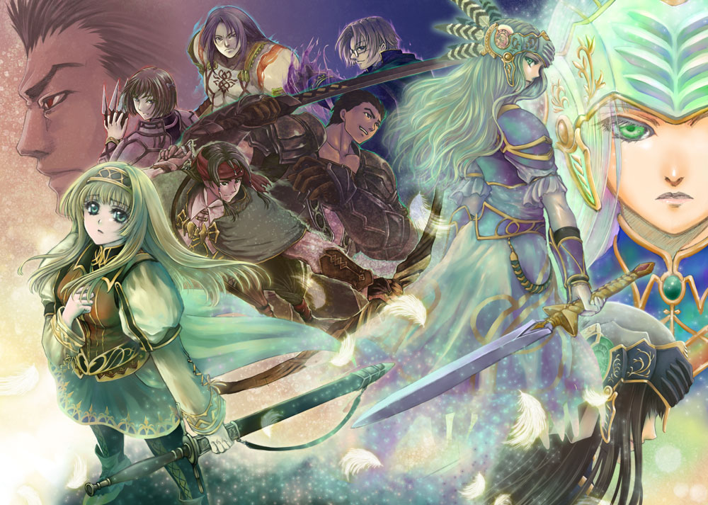 4girls 6+boys alicia_(valkyrie_profile_2) armor arngrim black_hair brown_hair character_request everyone expressionless feathers gloves green_eyes hairband headband helmet hrist_valkyrie lenneth_valkyrie lezard_valeth multiple_boys multiple_girls rufus_(valkyrie_profile) silmeria_valkyrie skirt sutehiko sword valkyrie_profile valkyrie_profile_2 weapon