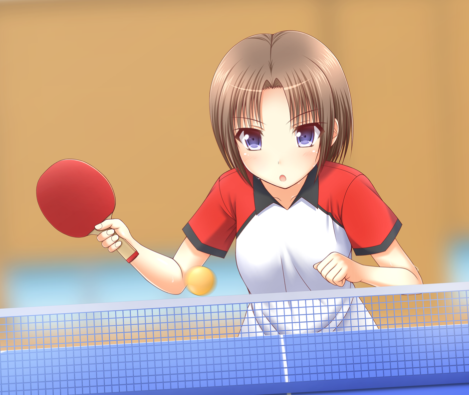 1girl blue_eyes brown_hair kk-sk-ray original short_hair solo table_tennis