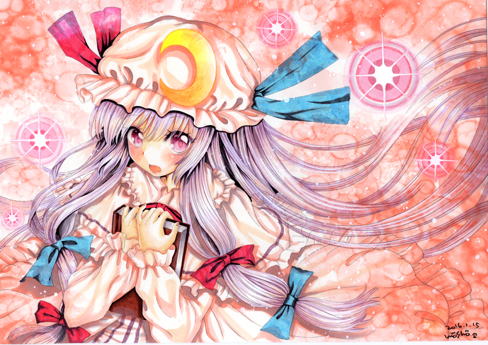 1girl book book_hug capelet cardigan coat crescent dress hair_ribbon hat holding holding_book long_hair long_sleeves looking_at_viewer marker_(medium) mob_cap mosho open_cardigan open_clothes open_coat patchouli_knowledge pink_eyes purple_hair ribbon solo striped striped_dress touhou traditional_media tress_ribbon very_long_hair