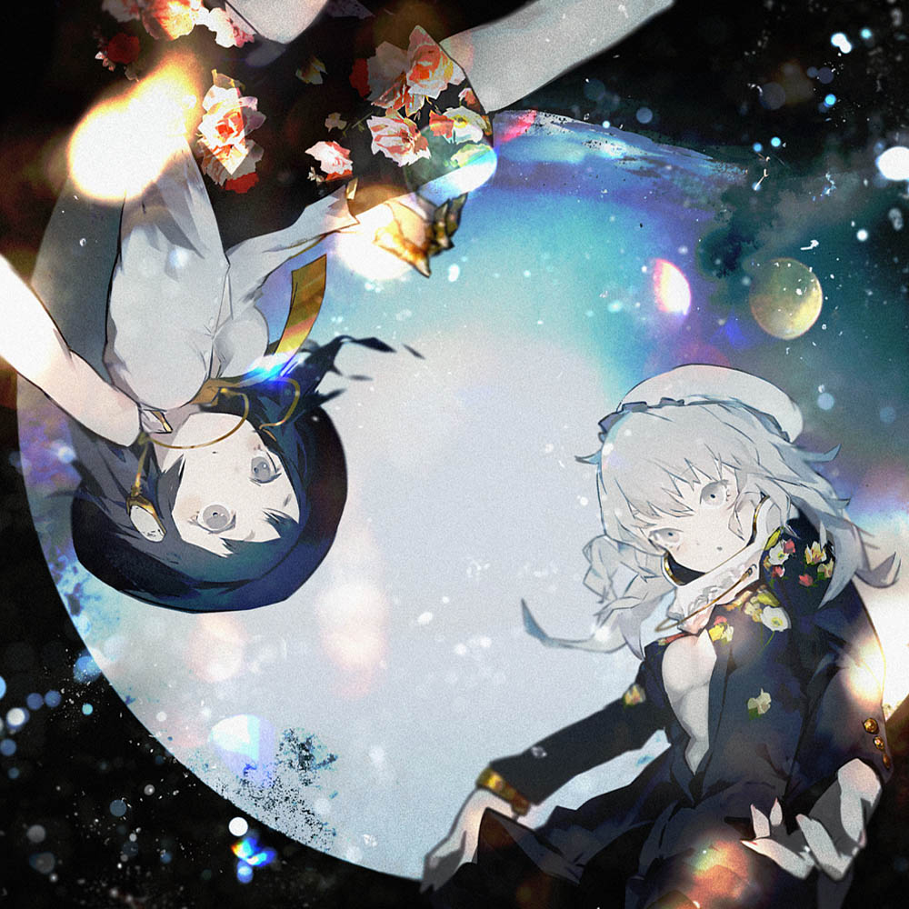 2girls album_cover alternate_color alternate_costume alternate_eye_color alternate_hair_color blue_hair cover floral_print grey_eyes hat headphones headphones_around_neck long_hair long_sleeves maribel_hearn mob_cap multiple_girls necktie open_mouth shirt short_hair silver_hair skirt sleeveless sugimoto_gang touhou upside-down usami_renko vest