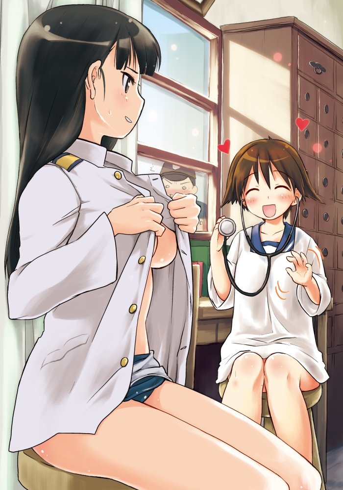 1boy 2girls black_hair blush breasts brown_eyes brown_hair heart indoors large_breasts long_hair miyafuji_yoshika mozu_(peth) multiple_girls open_clothes open_mouth peeping sakamoto_mio school_swimsuit school_uniform short_hair sitting smile stethoscope strike_witches swimsuit swimsuit_under_clothes uniform window