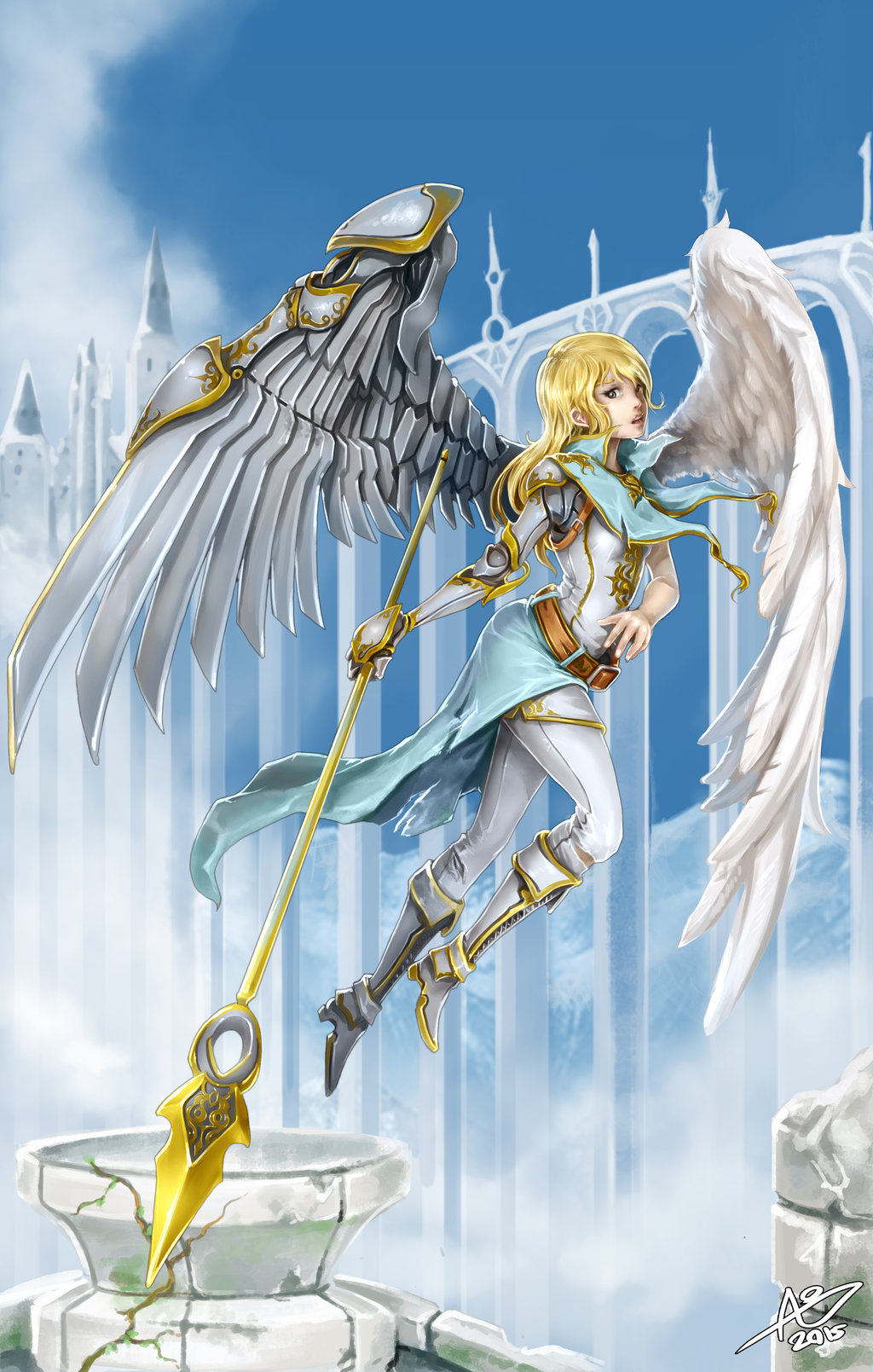 1girl 2015 angel angel_wings asymmetrical_wings belt blonde_hair boots borrowed_character cassie_(acerailgun) castle clouds cyborg feathered_wings flying full_body grey_eyes highres long_hair marwan_islami mechanical_arm mechanical_wings original outdoors parted_lips polearm signature sky sleeveless solo spear weapon wings