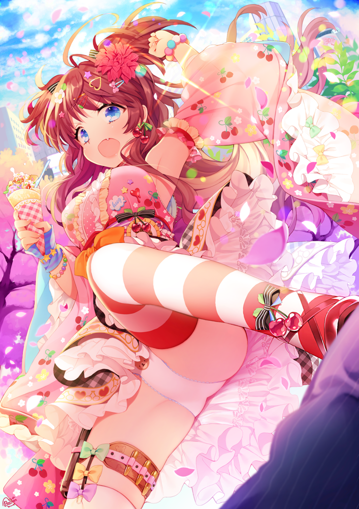 &gt;:o 1girl :o armpits bangs blue_eyes bow bracelet brown_hair bullet byulzzimon cherry cherry_blossoms city crepe detached_sleeves earrings fang flower food food_themed_clothes frilled_skirt frills fruit hair_ornament hairclip ice_cream jewelry long_hair open_mouth original outdoors panties ribbon short_twintails skirt sky solo star striped striped_legwear thigh-highs thigh_strap twintails underwear