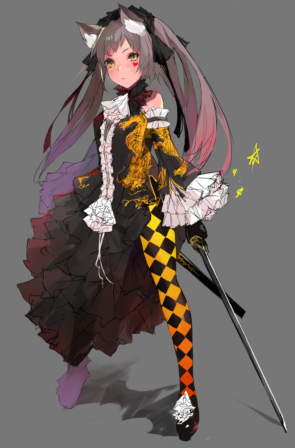 1girl animal_ears black_dress black_gloves detached_sleeves dress gloves grey_background grey_hair headwear heart highres holding_weapon katana long_hair looking_at_viewer open_mouth simple_background sleeves_past_wrists solo sword unkq weapon yellow_eyes