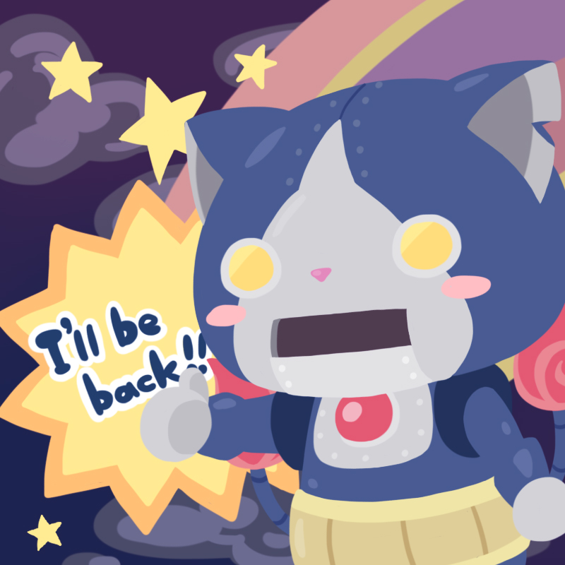 blue_background blush_stickers cat chuno english gradient gradient_background multiple_tails no_humans notched_ear open_mouth purple_background rivets robonyan robot smoke solid_eyes star tail thumbs_up two_tails yellow_eyes youkai youkai_watch