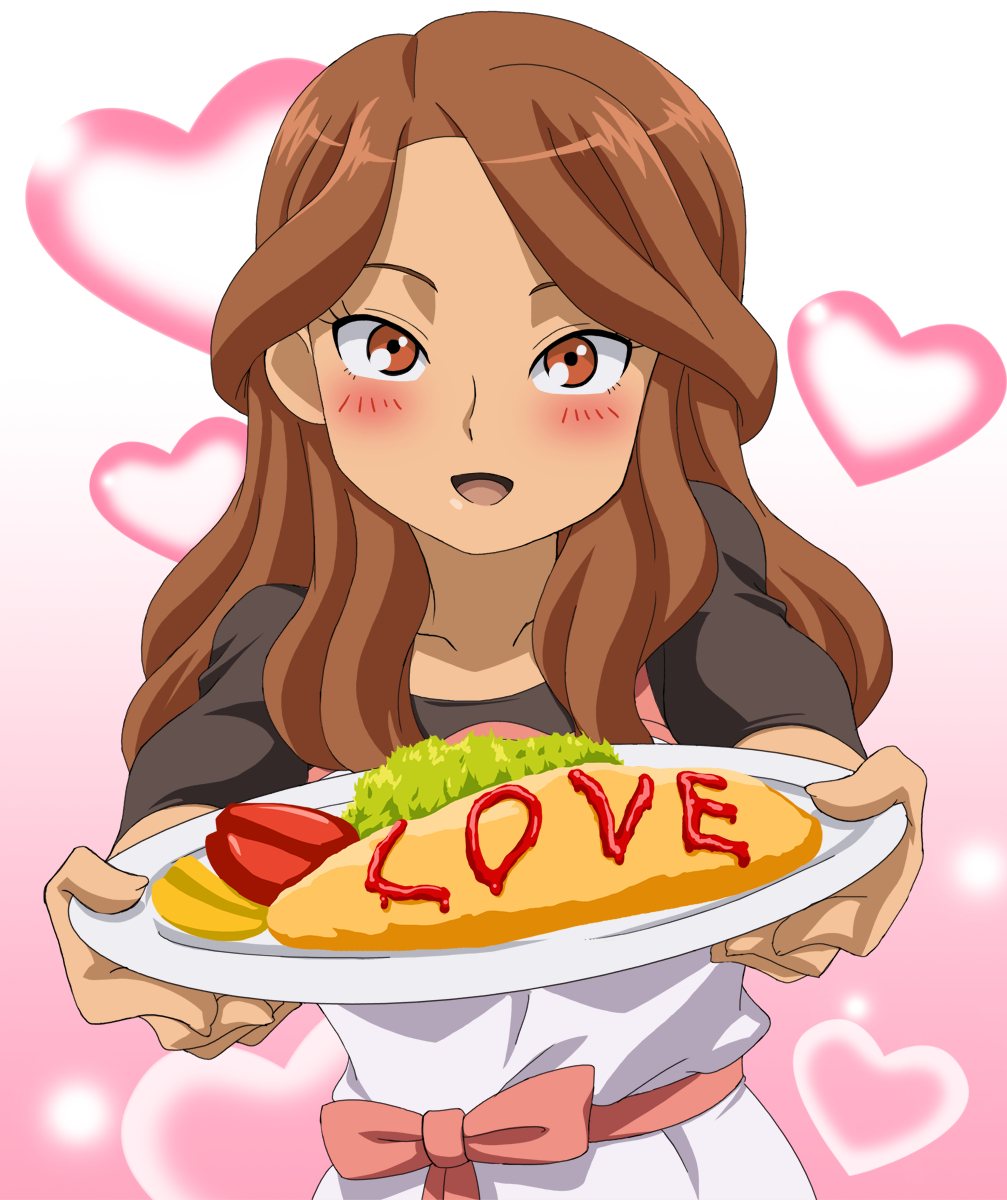 1girl artist_request blush brown_eyes brown_hair dress english food heart inazuma_eleven inazuma_eleven_(series) looking_at_viewer omelette open_mouth raimon_natsumi ribon smile solo source_request standing