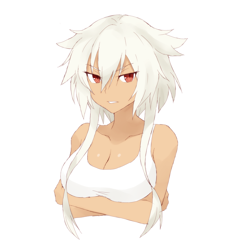 bare_shoulders dark_skin kantai_collection musashi_(kantai_collection) red_eyes souji sports_bra white_hair