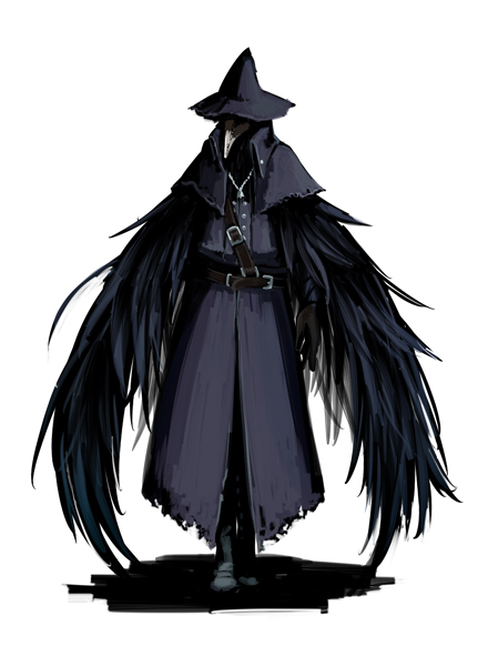 1girl bloodborne boots cape capelet eileen_the_crow feathers full_body hat mask murai_shinobu plague_doctor simple_background solo strap white_background