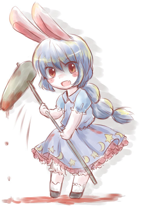 1girl animal_ears bangs blood bloody_clothes blue_hair blue_skirt blush braid chibi commentary_request fang frilled_skirt frills hammer legacy_of_lunatic_kingdom long_hair looking_at_viewer open_mouth rabbit_ears red_eyes satorichan seiran_(touhou) short_sleeves simple_background single_braid skirt socks solo star_print touhou very_long_hair white_background