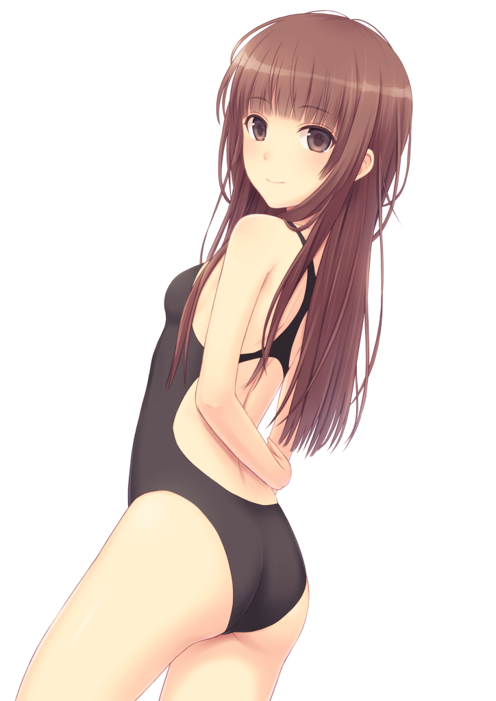1girl amagami ass back black_swimsuit brown_eyes brown_hair competition_swimsuit kamizaki_risa looking_at_viewer looking_back n.g. one-piece_swimsuit smile solo swimsuit