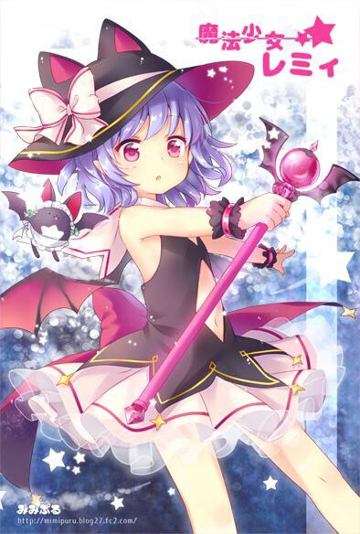 1girl :3 alternate_costume animal_ears animalization apron bare_arms bare_shoulders bat bat_ears bat_wings baton black_dress bow braid cat_ears dress flat_chest hat hat_bow hat_with_ears izayoi_sakuya magical_girl maid_headdress mi_hitsuji navel_cutout open_mouth pink_eyes purple_hair remilia_scarlet sash sleeveless sleeveless_dress touhou twin_braids waist_apron wings wrist_cuffs