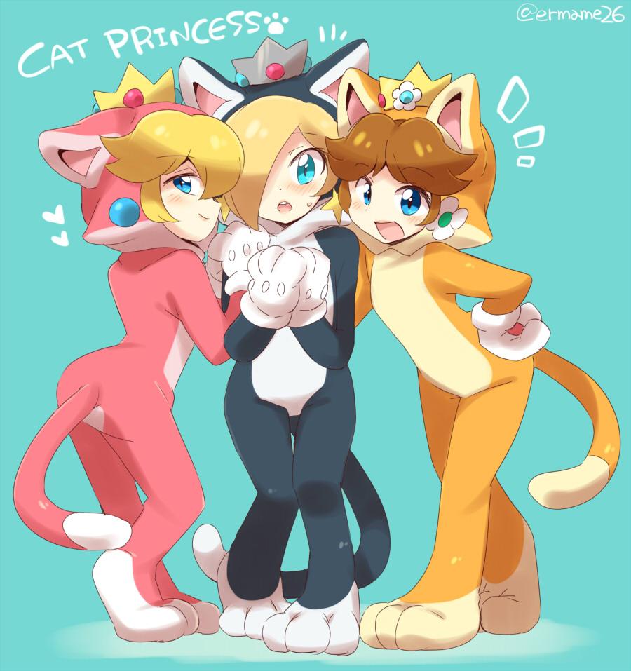 3girls :o animal_costume animal_ears back blonde_hair blue_eyes blush brown_hair cat_ears cat_tail crown earrings english eromame gloves hand_on_hip hands_clasped heart jewelry super_mario_bros. multiple_girls open_mouth paw_print paws princess_daisy princess_peach rosetta_(mario) smile super_mario_bros. tail white_gloves