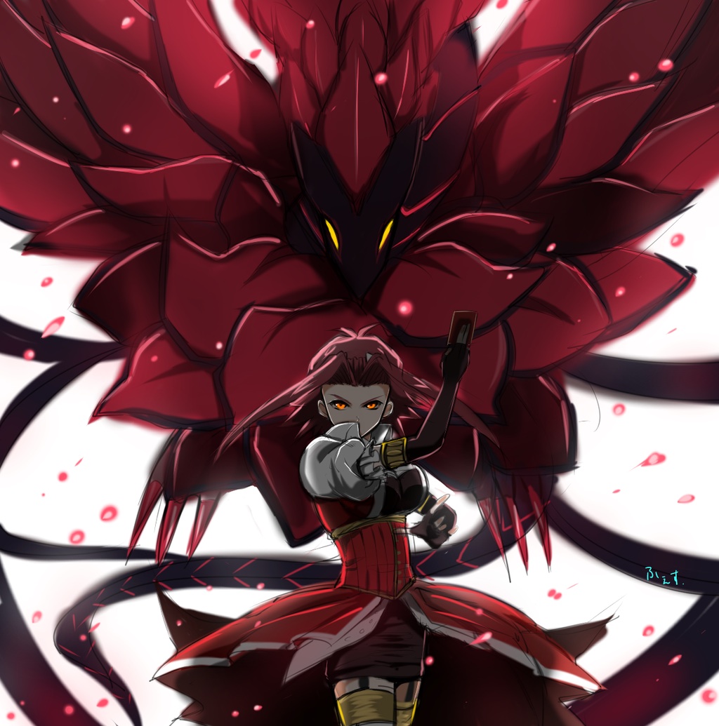 1girl black_rose_dragon breasts card dragon duel_monster elbow_gloves fingerless_gloves gloves izayoi_aki large_breasts looking_at_viewer redhead short_hair solo thigh-highs yellow_eyes yuu-gi-ou yuu-gi-ou_5d's