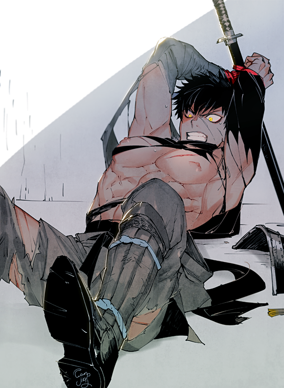 1boy black_hair bound_wrists clenched_teeth doutanuki_masakuni funpjinju katana male_focus muscle scar sweat sword torn_clothes touken_ranbu weapon yellow_eyes