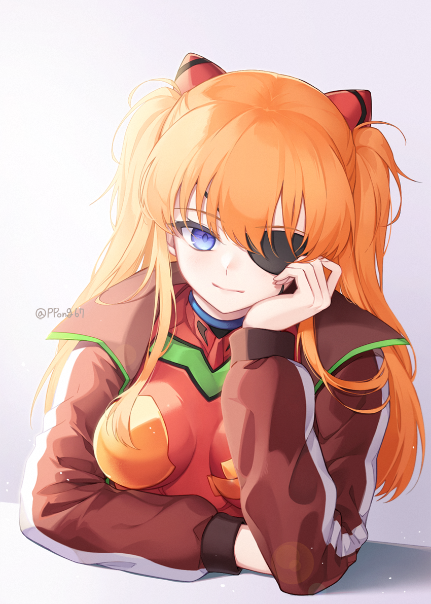 1girl bangs blue_eyes bodysuit breasts brown_jacket closed_mouth commentary eyebrows_visible_through_hair eyepatch gradient gradient_background grey_background hair_between_eyes hand_up jacket light_smile long_hair long_sleeves looking_at_viewer medium_breasts neon_genesis_evangelion open_clothes open_jacket orange_hair plugsuit pong_(vndn124) puffy_long_sleeves puffy_sleeves red_bodysuit solo souryuu_asuka_langley track_jacket twitter_username two_side_up upper_body