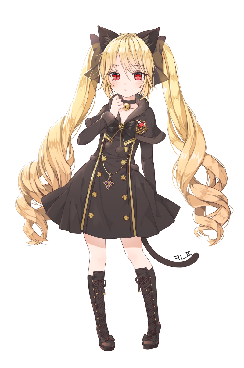 animal_ears bell blade_&amp;_soul blonde_hair boots canape_(canape0130) cat_ears curly_hair dress highres jingle_bell knee_boots long_hair lyn_(blade_&amp;_soul) red_eyes ribbon tail twintails very_long_hair