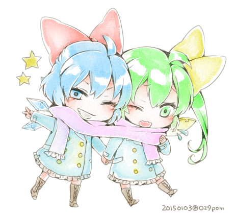029pom 2girls blue_eyes blue_hair boots bow cheek-to-cheek chibi cirno coat daiyousei dated green_eyes green_hair grin hair_bow holding_hands ice ice_wings lowres multiple_girls one_eye_closed scarf shared_scarf side_ponytail smile star touhou twitter_username v wavy_mouth wings