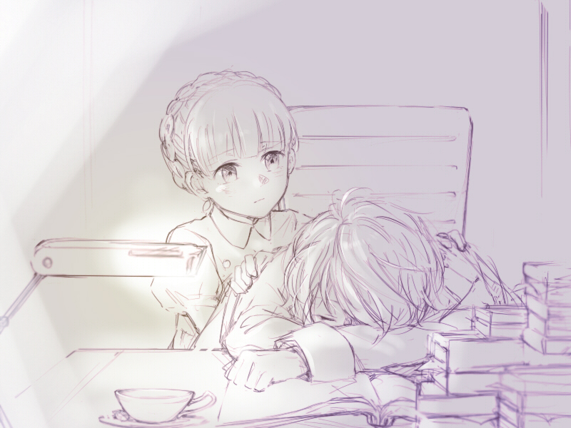 1boy 1girl aldnoah.zero book braid covering desk eddelrittuo lamp long_hair short_hair slaine_troyard sleeping xsinon