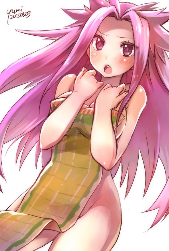 1girl breast_hold colored_eyelashes covering covering_breasts japanese_clothes jun'you_(kantai_collection) kantai_collection long_hair looking_at_viewer naked_sheet open_mouth purple_hair solo spiky_hair violet_eyes yumi_yumi