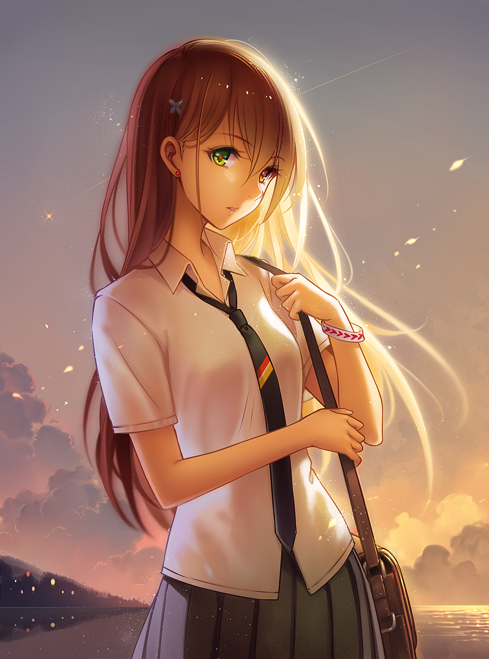 1girl bag bracelet brown_hair earrings green_eyes highres jewelry long_hair necktie ocean original school_uniform shirt shoulder_bag skirt solo sunset tidsean very_long_hair