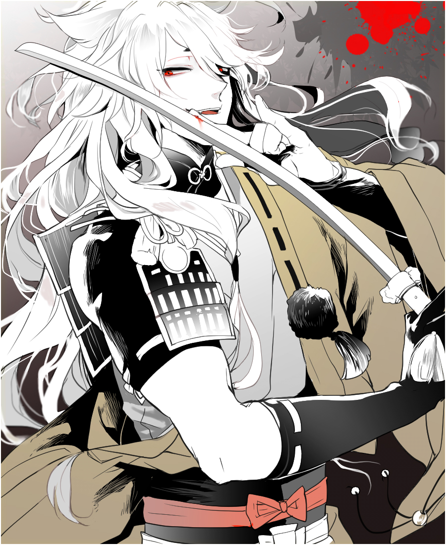 1boy blood japanese_clothes katana kogitsunemaru male_focus noppo open_mouth red_eyes smile sword touken_ranbu weapon white_hair