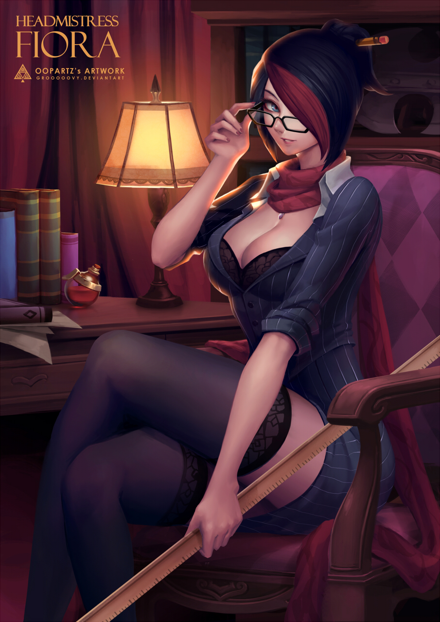 1girl adjusting_glasses alternate_costume armchair black-framed_glasses black_bra black_hair black_legwear blouse blue_eyes book bookshelf bottle bra breasts chair character_name cleavage crossed_legs curtains desk fiora_laurent formal ggg_(ted08191) glasses hair_over_one_eye highres holding indoors lamp large_breasts league_of_legends long_sleeves looking_at_viewer multicolored_hair nail_polish paper parted_lips pencil perfume_bottle red_nails red_scarf redhead ruler scarf sitting skirt skirt_set sleeves_pushed_up smile solo striped striped_blouse striped_skirt thigh-highs two-tone_hair underwear vertical_stripes watermark