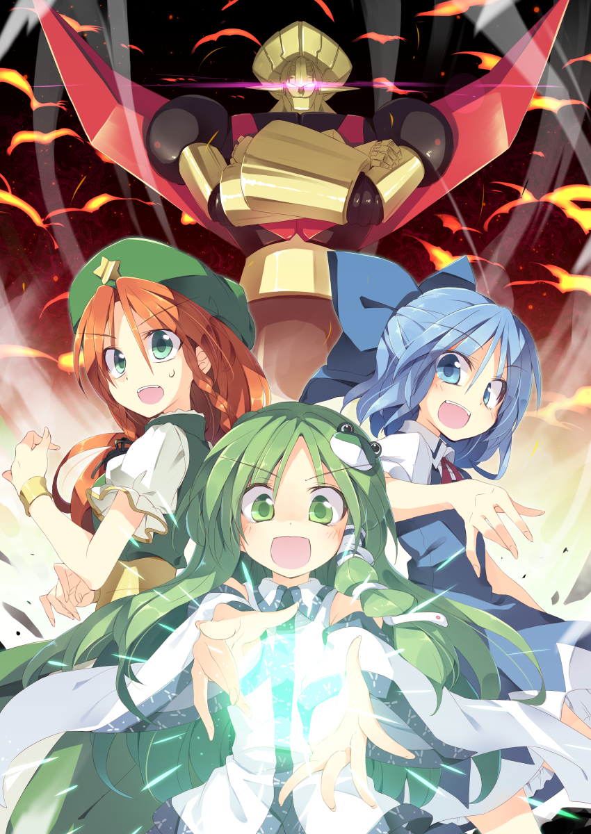 &gt;:) &gt;:d 3girls :d bare_shoulders blush bow brown_hair casting_spell chinese_clothes cirno collared_shirt crossed_arms danmaku detached_sleeves dress explosion female frog_hair_ornament glowing glowing_eyes green_eyes green_hair hair_bow hair_ornament hair_ribbon hair_tubes hat highres hisou_tensoku hong_meiling kochiya_sanae large_bow long_hair looking_at_viewer magic mecha multiple_girls open_mouth ribbon satou_kibi shirt short_hair smile snake_hair_ornament touhou