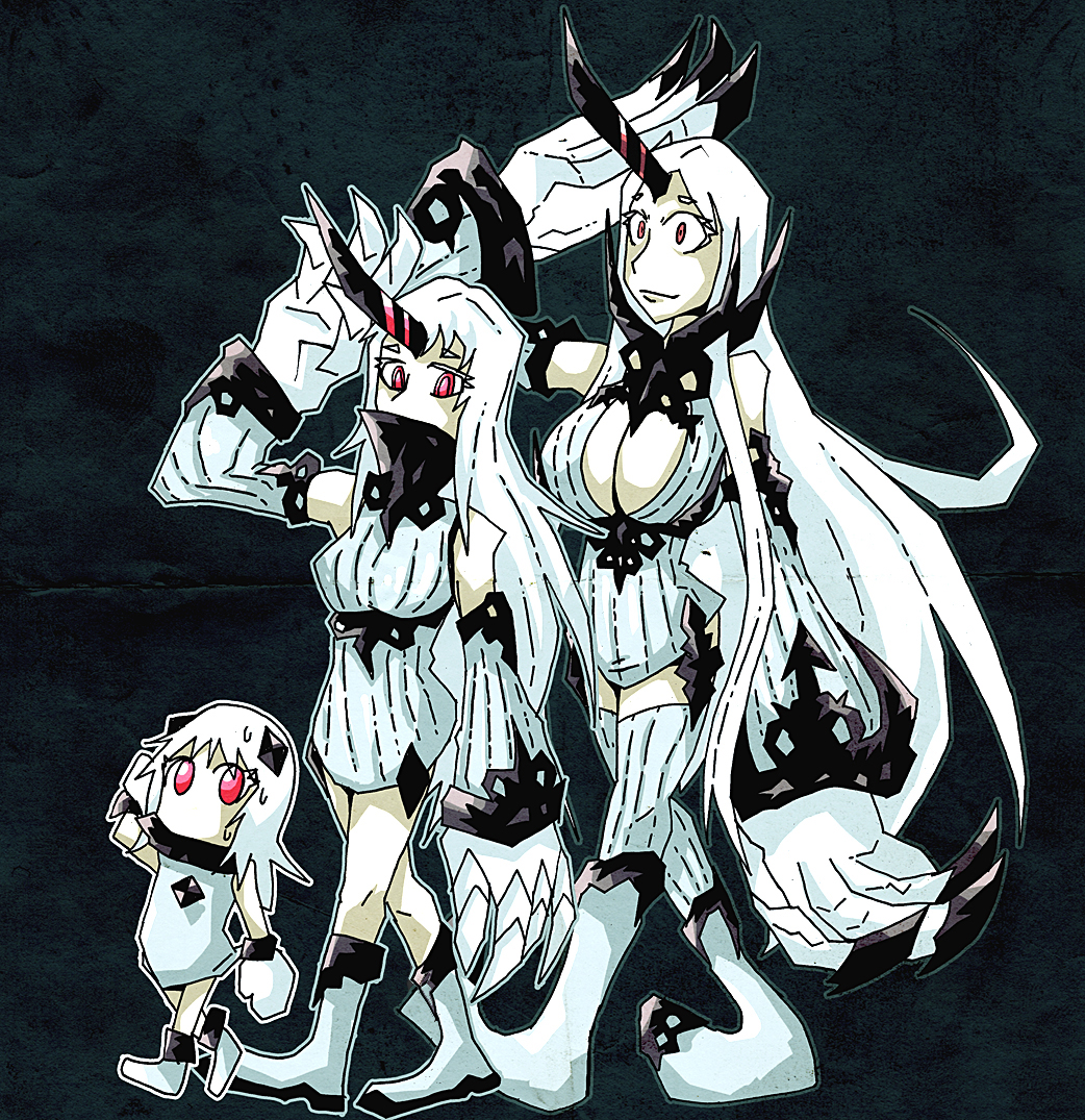 3girls bare_shoulders breasts cleavage covering_mouth detached_sleeves dress full_body horn horns kantai_collection large_breasts long_hair long_sleeves mittens multiple_girls nervous northern_ocean_hime outline oversize_forearms oversized_limbs ribbed_dress ribbed_legwear seaport_hime seaport_water_oni setz shinkaisei-kan thigh-highs very_long_hair walking white_dress white_hair white_legwear wide-eyed zettai_ryouiki