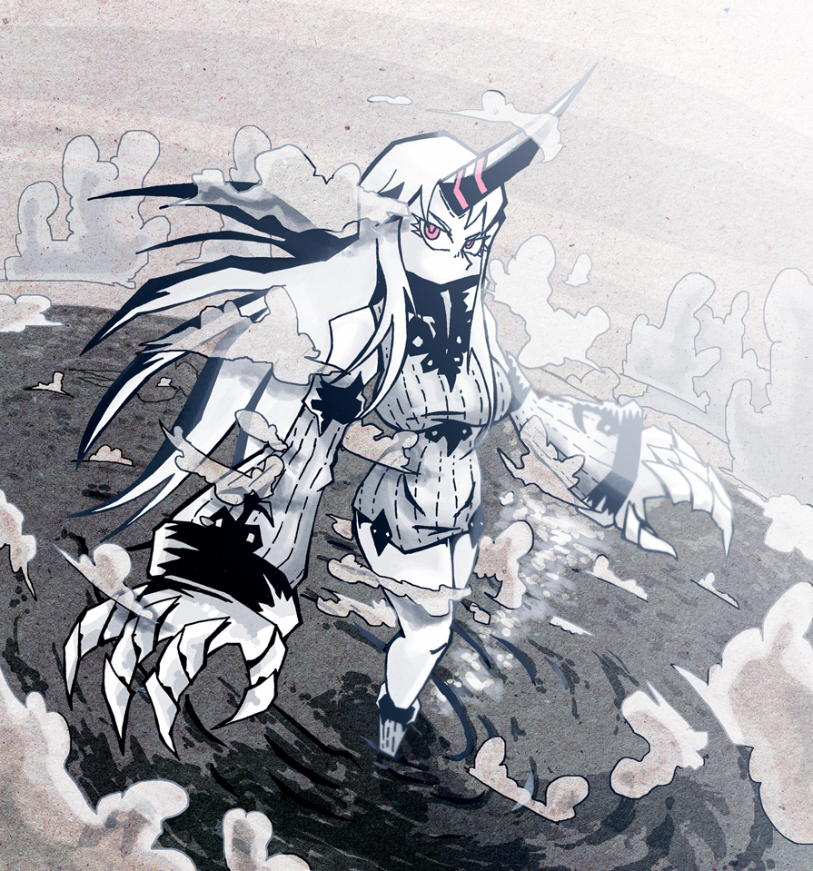 1girl bare_shoulders breasts claws clouds commentary covering_mouth detached_sleeves dress giantess horn kantai_collection large_breasts long_hair long_sleeves partially_submerged red_eyes ribbed_dress seaport_hime setz shinkaisei-kan solo taut_clothes taut_dress very_long_hair water white_dress white_hair white_skin