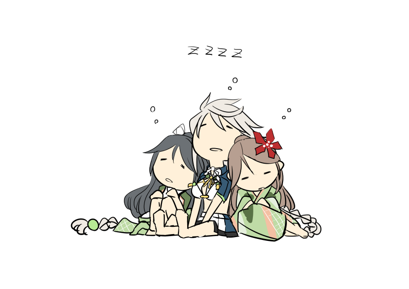 3girls amagi_(kantai_collection) black_hair brown_hair chibi closed_eyes flower hair_flower hair_ornament hair_ribbon hisaki_(morenabe) kantai_collection katsuragi_(kantai_collection) long_hair multiple_girls ribbon silver_hair simple_background sleeping sleeping_upright unryuu_(kantai_collection) white_background white_ribbon zzz