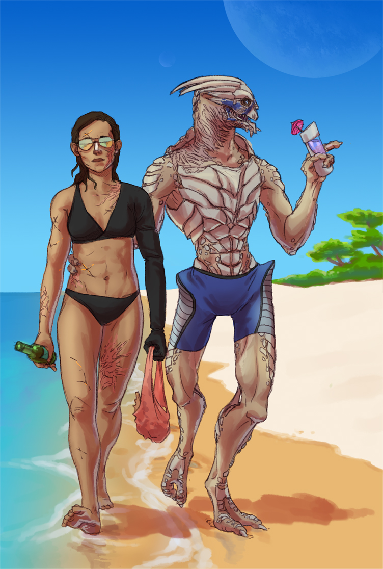 alien beach brown_hair commander_shepard_(female) couple drink garrus_vakarian glasses mass_effect mass_effect_3 scar short_hair swimsuit