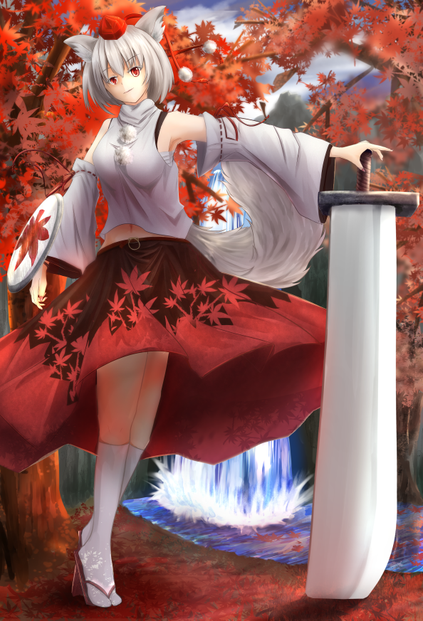1girl animal_ears autumn autumn_leaves bare_shoulders breasts detached_sleeves forest geta hat huge_weapon inubashiri_momiji looking_at_viewer midriff nail_polish nature navel red_eyes ribbon ribbon-trimmed_sleeves ribbon_trim sarashi shield short_hair silver_hair skirt solo sword tokin_hat touhou water waterfall weapon white_legwear wolf_ears