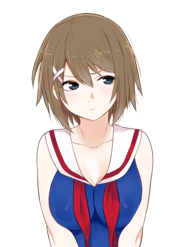1girl blue_eyes breast_squeeze breasts brown_hair collarbone facing_viewer hair_ornament hairclip kantai_collection large_breasts maya_(kantai_collection) neckerchief osomatsu_(nanameno) sailor_dress shirt short_hair side_glance simple_background sleeveless sleeveless_shirt solo untied upper_body white_background